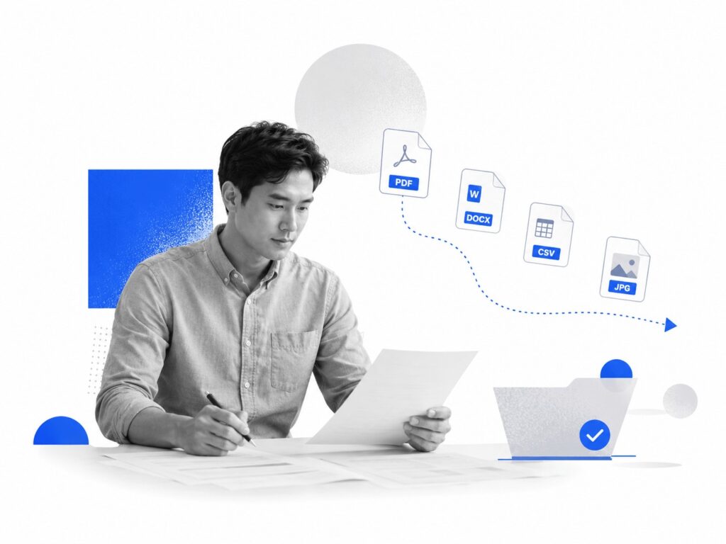 Person using InProQu document builder with file format icons.
