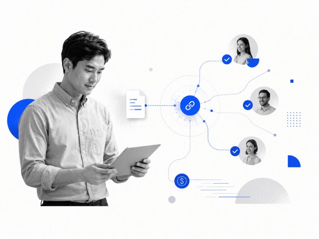 Young man using digital device with document and connection icons.