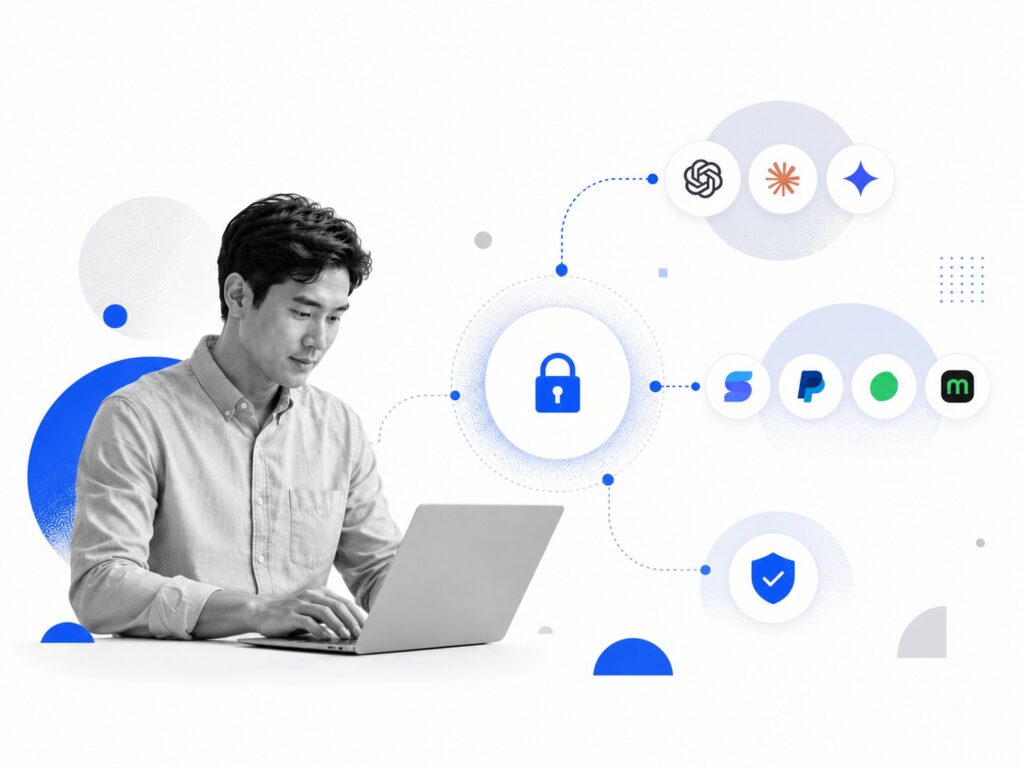 Person using INPROQU document builder on laptop with security icons.